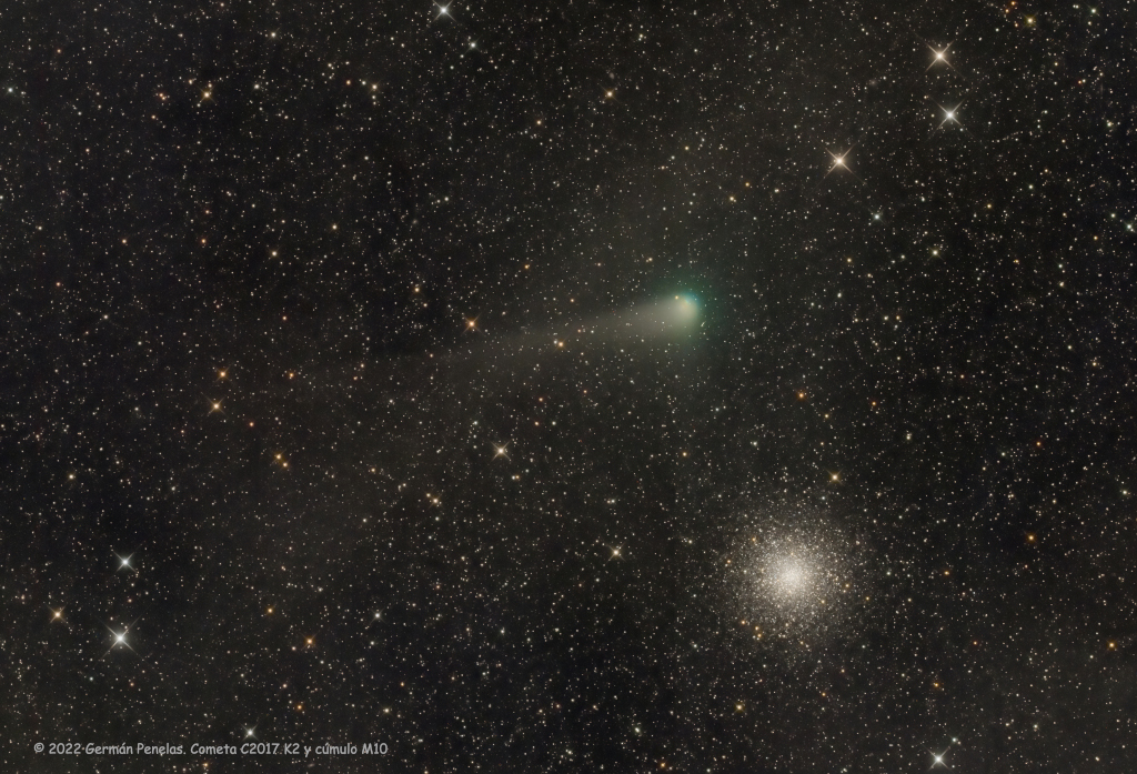 El cometa C/2017 K2 PanSTARRS acercándose visualmente a M10